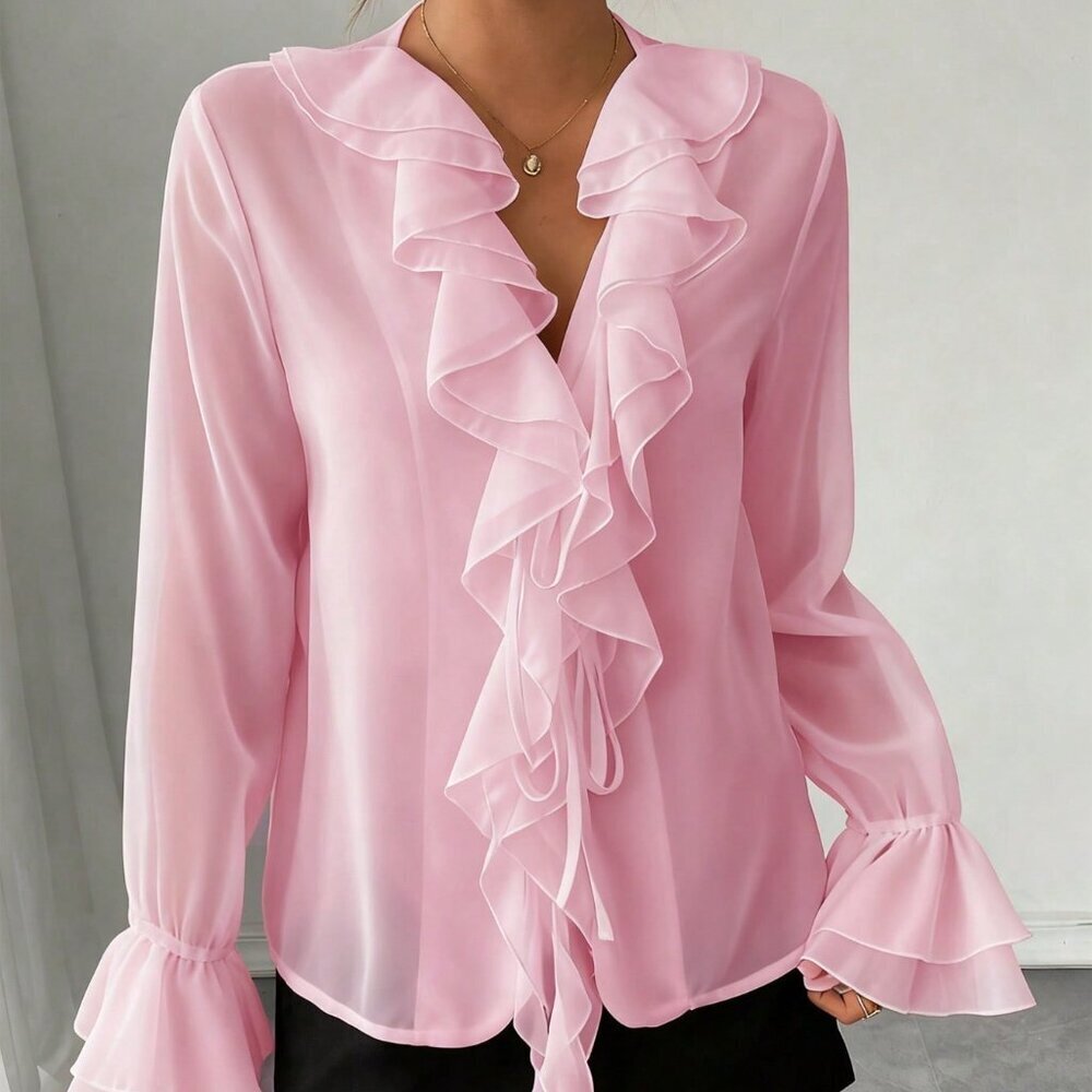 Pink Casual Women's French Elegant Chiffon Lantern Sleeve V Neck Blouse - Picture 4 of 6
